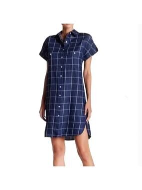 Max Studio Denim Chambray Windowpane Collared Button Down Shirt Dress Size XS